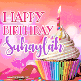 A vibrant birthday GIF featuring a rainbow-colored cupcake topped with white frosting, sprinkles, and a lit candle. The text reads 'Happy Birthday Suhaylah' in bold pink and violet letters with white outline.