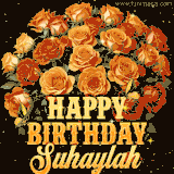 Animated bouquet of orange roses with moving butterfles and golden 'Happy Birthday Suhaylah' text, surrounded by sparkling accents and a dark backdrop for a luxurious feel.