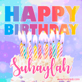 A vibrant animated name GIF with the words 'Happy Birthday Suhaylah' with colorful candles on a creamy cake. The background sparkles with pastel shades, adding a festive touch.