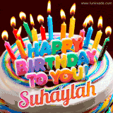 A colorful birthday cake topped with lit candles, with the words 'Happy Birthday Suhaylah' in bold glowing letters on a burgundy background. Animated flames add a festive touch.