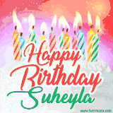 Bright birthday candles with rainbow flames on a cake, alongside the text 'Happy Birthday Suheyla' in vibrant script in this celebratory animated GIF.