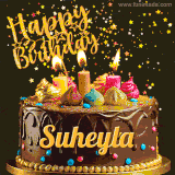 A delightful chocolate birthday cake with bright candles and 'Happy Birthday Suheyla' written in gold amidst a shower of animated stars.