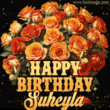 Animated bouquet of orange roses with moving butterfles and golden 'Happy Birthday Suheyla' text, surrounded by sparkling accents and a dark backdrop for a luxurious feel.