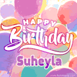 A vibrant name GIF featuring colorful balloons in shades of pink, orange, and yellow with the bold text 'Happy Birthday Suheyla' in festive fonts, creating a lively birthday vibe.