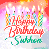 Bright birthday candles with rainbow flames on a cake, alongside the text 'Happy Birthday Sukhon' in vibrant script in this celebratory animated GIF.
