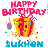 A vibrant and funny gift box character with a happy face dancing with a cupcake and the text 'Happy Birthday Sukhon,' surrounded by animated confetti and party vibes.