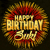Golden 'Happy Birthday Suki' text accompanied by animated rainbow fireworks for a festive animated greeting.