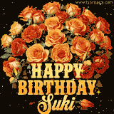 Animated bouquet of orange roses with moving butterfles and golden 'Happy Birthday Suki' text, surrounded by sparkling accents and a dark backdrop for a luxurious feel.
