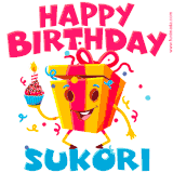 A vibrant and funny gift box character with a happy face dancing with a cupcake and the text 'Happy Birthday Sukori,' surrounded by animated confetti and party vibes.