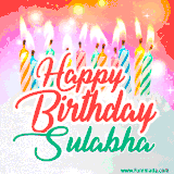 Bright birthday candles with rainbow flames on a cake, alongside the text 'Happy Birthday Sulabha' in vibrant script in this celebratory animated GIF.