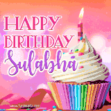 A vibrant birthday GIF featuring a rainbow-colored cupcake topped with white frosting, sprinkles, and a lit candle. The text reads 'Happy Birthday Sulabha' in bold pink and violet letters with white outline.