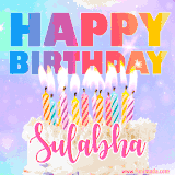 A vibrant animated name GIF with the words 'Happy Birthday Sulabha' with colorful candles on a creamy cake. The background sparkles with pastel shades, adding a festive touch.