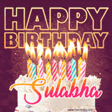 A colorful birthday cake topped with lit candles, with the words 'Happy Birthday Sulabha' in bold glowing letters on a burgundy background. Animated flames add a festive touch.