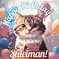 Happy birthday gif for Suleiman with cat and cake