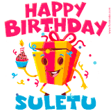A vibrant and funny gift box character with a happy face dancing with a cupcake and the text 'Happy Birthday Suletu,' surrounded by animated confetti and party vibes.