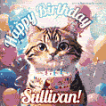 Happy birthday gif for Sullivan with cat and cake