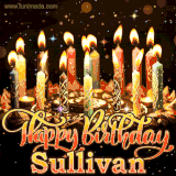 A glowing personalized birthday GIF with name Sullivan featuring lit candles with intricate designs, warm lighting, and the text 'Happy Birthday' in an elegant font.