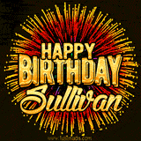 Golden 'Happy Birthday Sullivan' text accompanied by animated rainbow fireworks for a festive animated greeting.