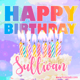 A vibrant animated name GIF with the words 'Happy Birthday Sullivan' with colorful candles on a creamy cake. The background sparkles with pastel shades, adding a festive touch.