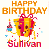 A vibrant and funny gift box character with a happy face dancing with a cupcake and the text 'Happy Birthday Sullivan,' surrounded by animated confetti and party vibes.
