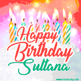 Bright birthday candles with rainbow flames on a cake, alongside the text 'Happy Birthday Sultana' in vibrant script in this celebratory animated GIF.