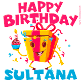 A vibrant and funny gift box character with a happy face dancing with a cupcake and the text 'Happy Birthday Sultana,' surrounded by animated confetti and party vibes.