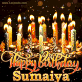 A glowing personalized birthday GIF with name Sumaiya featuring lit candles with intricate designs, warm lighting, and the text 'Happy Birthday' in an elegant font.