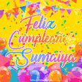 A bright and festive GIF with the text 'Feliz Cumpleaños Sumaiya' in Spanish in colorful fonts, surrounded by confetti, balloons, and festive banners on a vibrant yellow background.