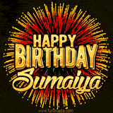 Golden 'Happy Birthday Sumaiya' text accompanied by animated rainbow fireworks for a festive animated greeting.
