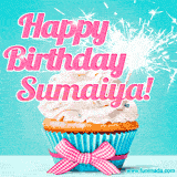 A festive cupcake with pink icing, a gingham bow, and a lit animated sparkler, paired with 'Happy Birthday Sumaiya!' in bright pink text.