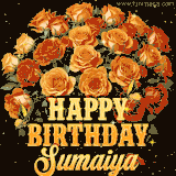 Animated bouquet of orange roses with moving butterfles and golden 'Happy Birthday Sumaiya' text, surrounded by sparkling accents and a dark backdrop for a luxurious feel.
