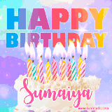 A vibrant animated name GIF with the words 'Happy Birthday Sumaiya' with colorful candles on a creamy cake. The background sparkles with pastel shades, adding a festive touch.