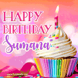 A vibrant birthday GIF featuring a rainbow-colored cupcake topped with white frosting, sprinkles, and a lit candle. The text reads 'Happy Birthday Sumana' in bold pink and violet letters with white outline.