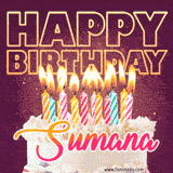 A colorful birthday cake topped with lit candles, with the words 'Happy Birthday Sumana' in bold glowing letters on a burgundy background. Animated flames add a festive touch.