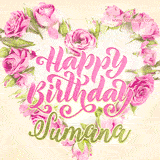 A stunning heart made of pink roses surrounds the elegant script text 'Happy Birthday Sumana' on a soft beige background. Animated sparkles add a magical and festive feel.