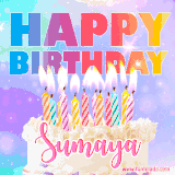 A vibrant animated name GIF with the words 'Happy Birthday Sumaya' with colorful candles on a creamy cake. The background sparkles with pastel shades, adding a festive touch.