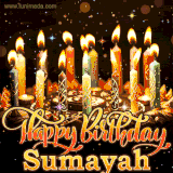 A glowing personalized birthday GIF with name Sumayah featuring lit candles with intricate designs, warm lighting, and the text 'Happy Birthday' in an elegant font.