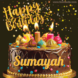 A delightful chocolate birthday cake with bright candles and 'Happy Birthday Sumayah' written in gold amidst a shower of animated stars.