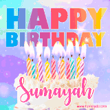 A vibrant animated name GIF with the words 'Happy Birthday Sumayah' with colorful candles on a creamy cake. The background sparkles with pastel shades, adding a festive touch.