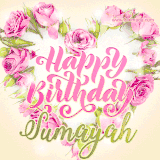 A stunning heart made of pink roses surrounds the elegant script text 'Happy Birthday Sumayah' on a soft beige background. Animated sparkles add a magical and festive feel.