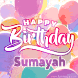 A vibrant name GIF featuring colorful balloons in shades of pink, orange, and yellow with the bold text 'Happy Birthday Sumayah' in festive fonts, creating a lively birthday vibe.