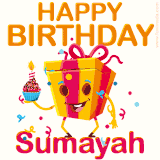 A vibrant and funny gift box character with a happy face dancing with a cupcake and the text 'Happy Birthday Sumayah,' surrounded by animated confetti and party vibes.