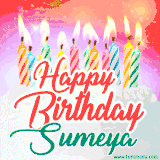 Bright birthday candles with rainbow flames on a cake, alongside the text 'Happy Birthday Sumeya' in vibrant script in this celebratory animated GIF.