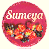 Beautifully decorated red velvet berry birthday cake with vibrant fruits and a glowing 'Sumeya' name, adding a touch of sweetness and sparkle.