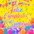 A bright and festive GIF with the text 'Feliz Cumpleaños Sumeya' in Spanish in colorful fonts, surrounded by confetti, balloons, and festive banners on a vibrant yellow background.