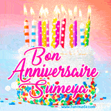 A white birthday cake covered in colorful sprinkles, topped with bright candles, and French text 'Bon Anniversaire Sumeya' on a pastel gradient background in an animated GIF.