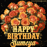 Animated bouquet of orange roses with moving butterfles and golden 'Happy Birthday Sumeya' text, surrounded by sparkling accents and a dark backdrop for a luxurious feel.