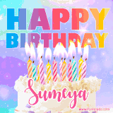 A vibrant animated name GIF with the words 'Happy Birthday Sumeya' with colorful candles on a creamy cake. The background sparkles with pastel shades, adding a festive touch.
