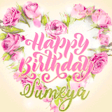 A stunning heart made of pink roses surrounds the elegant script text 'Happy Birthday Sumeya' on a soft beige background. Animated sparkles add a magical and festive feel.