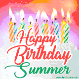 Bright birthday candles with rainbow flames on a cake, alongside the text 'Happy Birthday Summer' in vibrant script in this celebratory animated GIF.